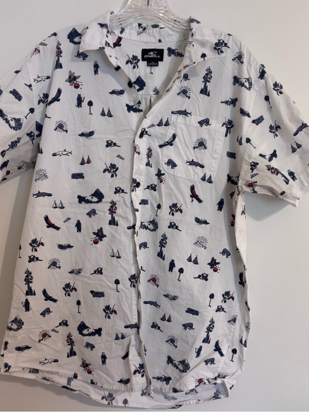 O'Neill White Short-Sleeve Button-Down with Navy & Red Icons